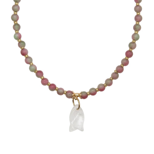 Clear quartz cat pendant and watermelon tourmaline beads close-up