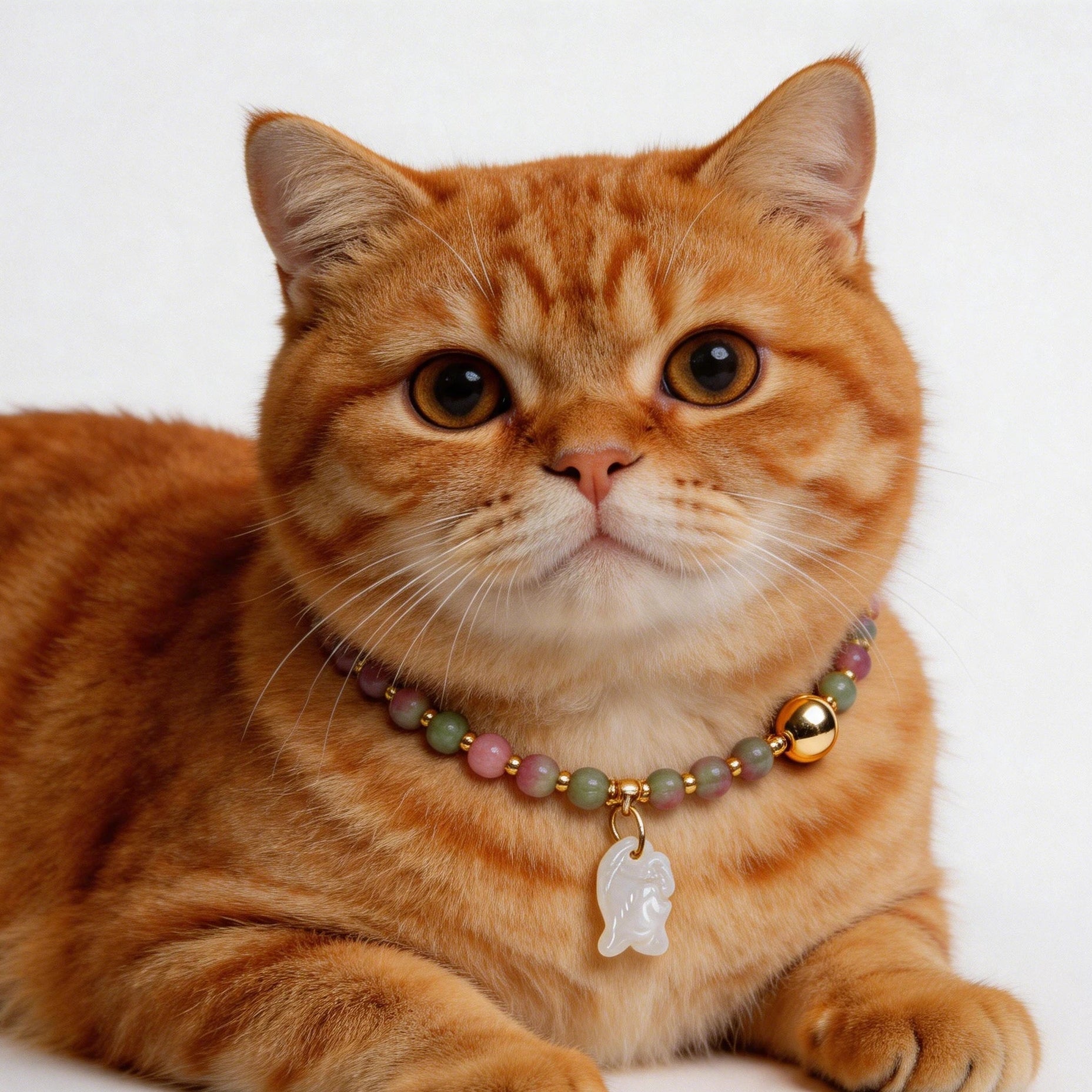 Elegant cat wearing watermelon tourmaline and clear quartz crystal collar necklace with gold spacers, master healer healing gemstone pet jewelry for cats immune support and calm