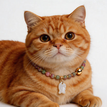Elegant cat wearing watermelon tourmaline and clear quartz crystal collar necklace with gold spacers, master healer healing gemstone pet jewelry for cats immune support and calm