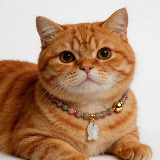 Elegant cat wearing watermelon tourmaline and clear quartz crystal collar necklace with gold spacers, master healer healing gemstone pet jewelry for cats immune support and calm