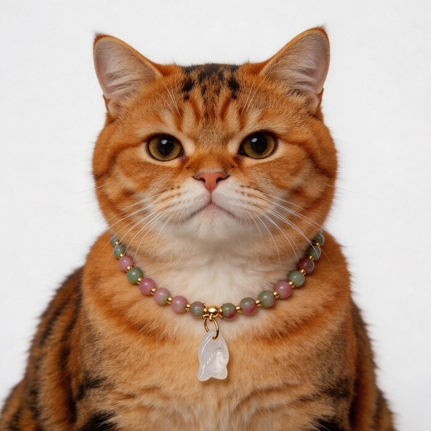 Elegant cat wearing watermelon tourmaline and clear quartz crystal collar necklace with gold spacers, master healer healing gemstone pet jewelry for cats immune support and calm