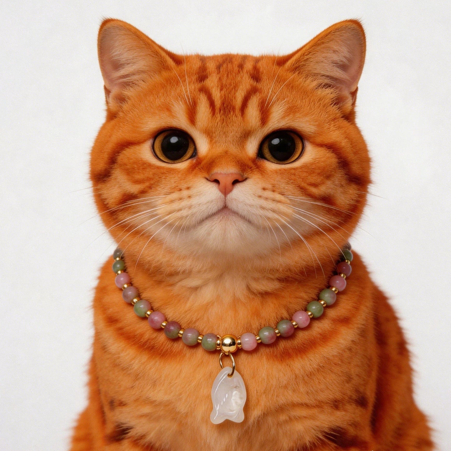 Cat mom wearing watermelon tourmaline bracelet beside cat wearing matching crystal collar necklace with clear quartz cat pendant, healing crystal matching set for owner and pet bond energy