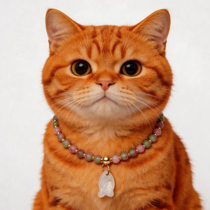 Cat mom wearing watermelon tourmaline bracelet beside cat wearing matching crystal collar necklace with clear quartz cat pendant, healing crystal matching set for owner and pet bond energy