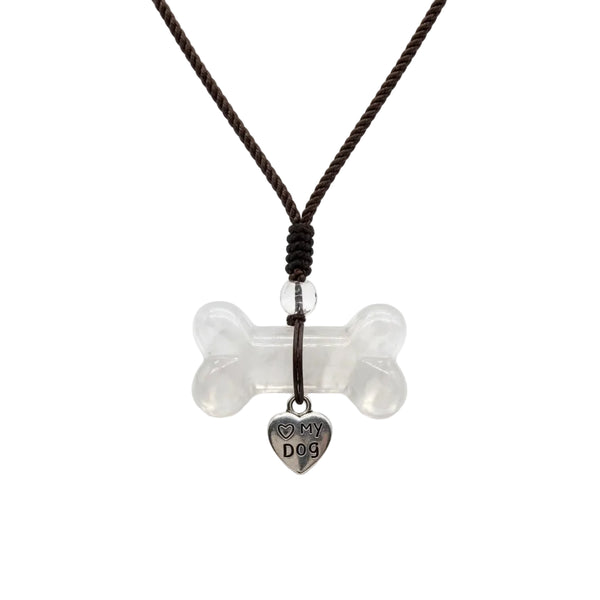 Clear quartz dog bone pendant with a silver Love My Dog heart charm