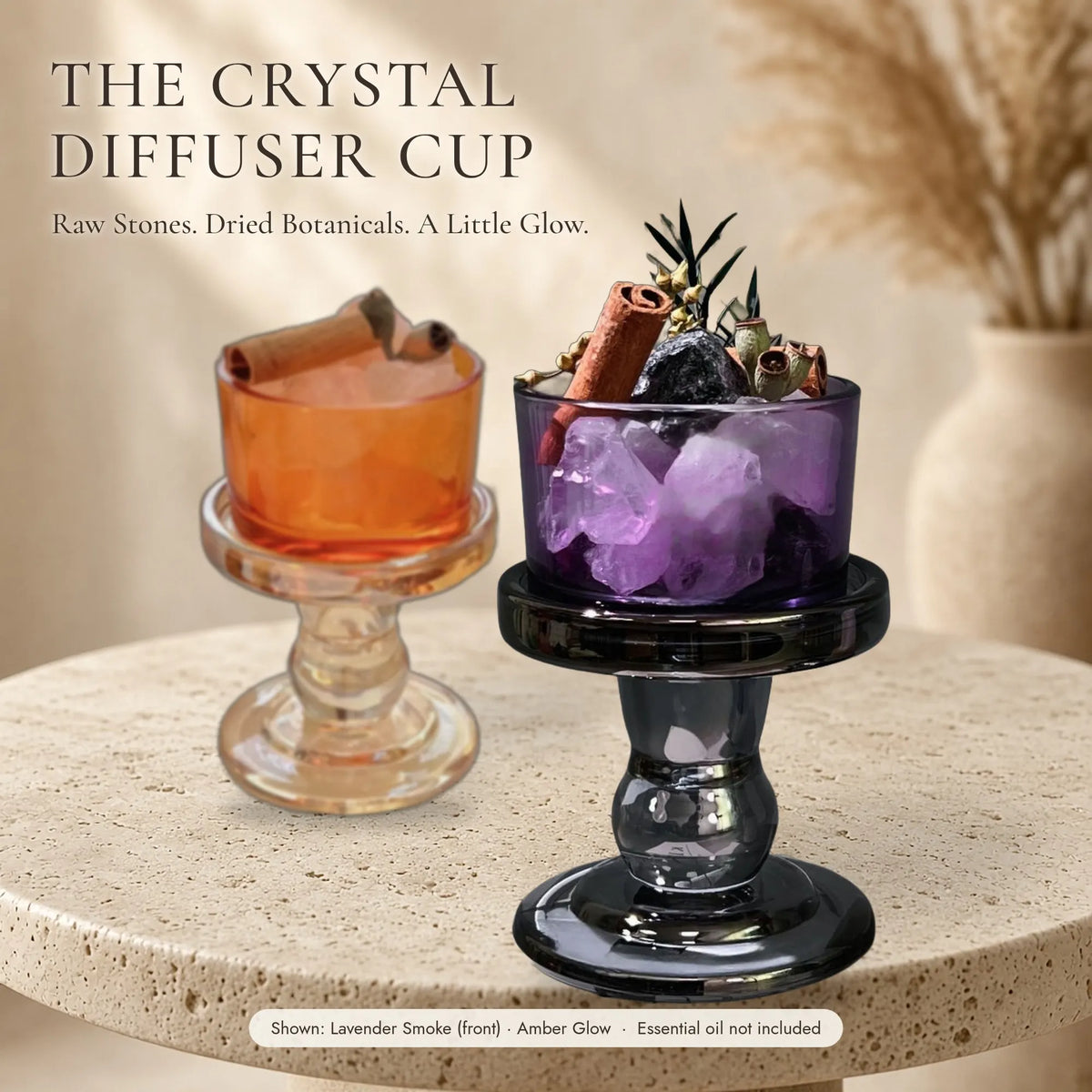 The Crystal Diffuser Cup — Tinted Glass Pedestal with Raw Stones & Dried Botanicals