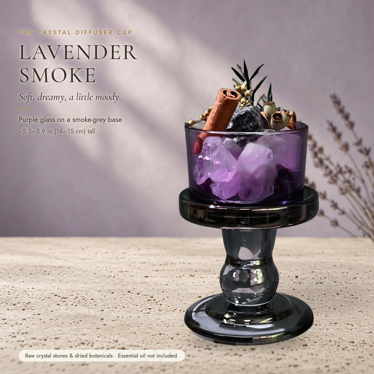 The Crystal Diffuser Cup — Tinted Glass Pedestal with Raw Stones & Dried Botanicals