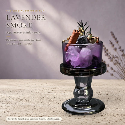 The Crystal Diffuser Cup — Tinted Glass Pedestal with Raw Stones & Dried Botanicals