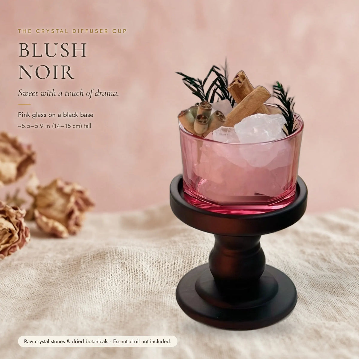 The Crystal Diffuser Cup — Tinted Glass Pedestal with Raw Stones & Dried Botanicals