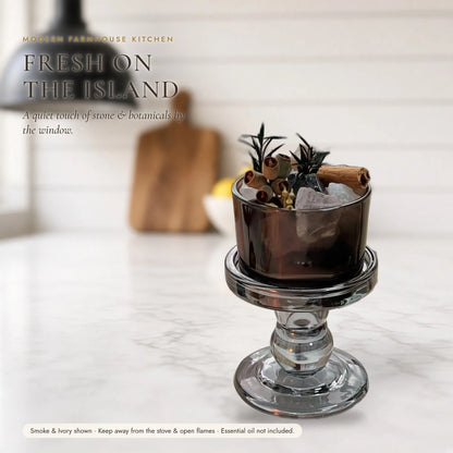 The Crystal Diffuser Cup — Tinted Glass Pedestal with Raw Stones & Dried Botanicals