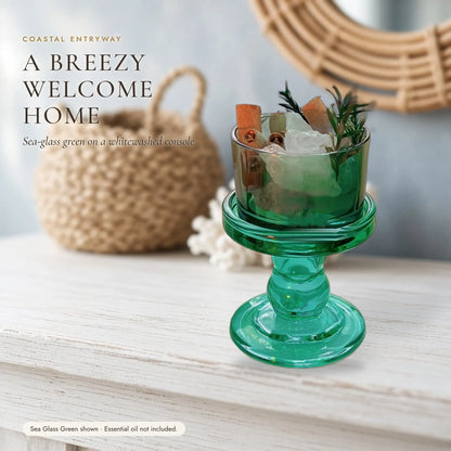 The Crystal Diffuser Cup — Tinted Glass Pedestal with Raw Stones & Dried Botanicals