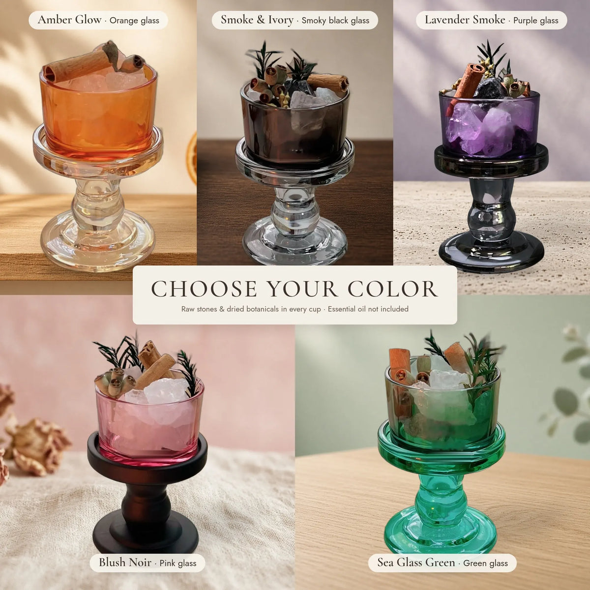 The Crystal Diffuser Cup — Tinted Glass Pedestal with Raw Stones & Dried Botanicals