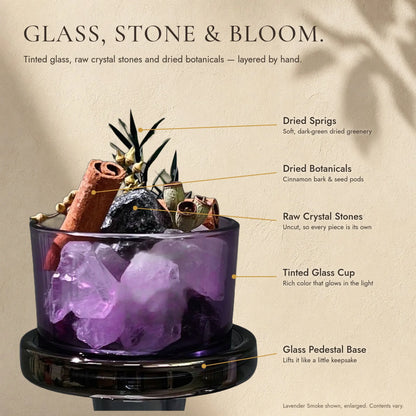 The Crystal Diffuser Cup — Tinted Glass Pedestal with Raw Stones & Dried Botanicals