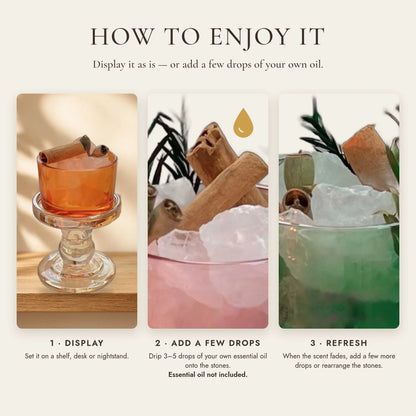 The Crystal Diffuser Cup — Tinted Glass Pedestal with Raw Stones & Dried Botanicals