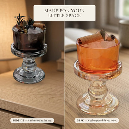 The Crystal Diffuser Cup — Tinted Glass Pedestal with Raw Stones & Dried Botanicals