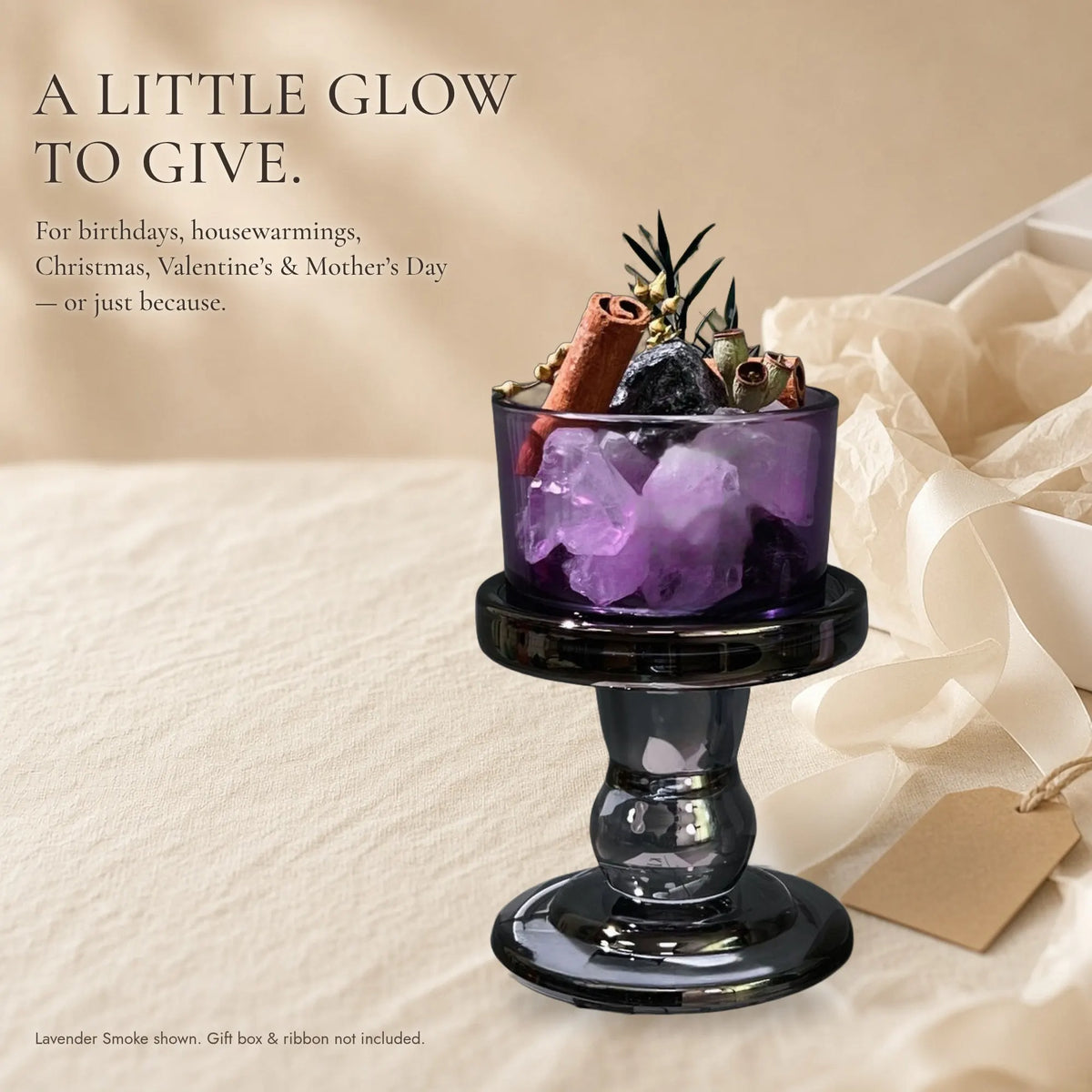 The Crystal Diffuser Cup — Tinted Glass Pedestal with Raw Stones & Dried Botanicals