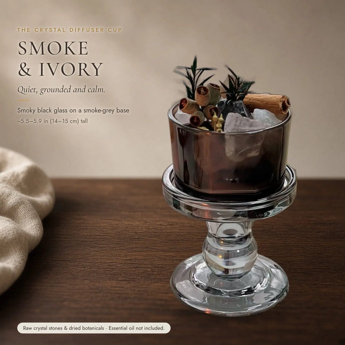 The Crystal Diffuser Cup — Tinted Glass Pedestal with Raw Stones & Dried Botanicals