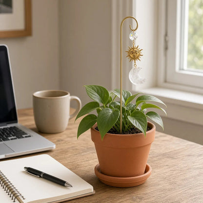 Clear quartz moon stake in a pothos on a desk, with a laptop, mug, and notebook