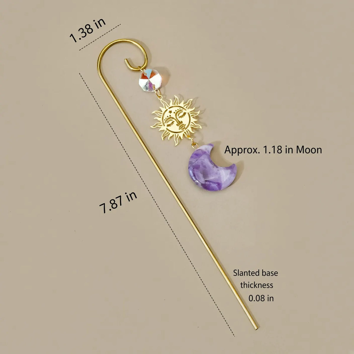 Amethyst moon plant stake diagram: 7.87 inch rod, 1.38 inch hook, 1.18 inch moon