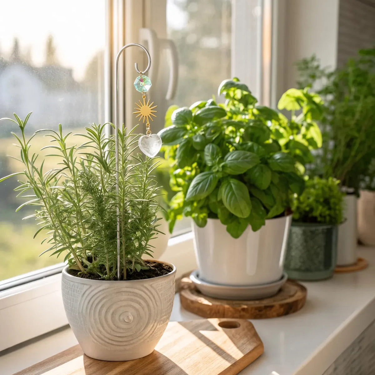 Clear quartz heart plant stake in a rosemary pot on a sunny windowsill, basil beside it
