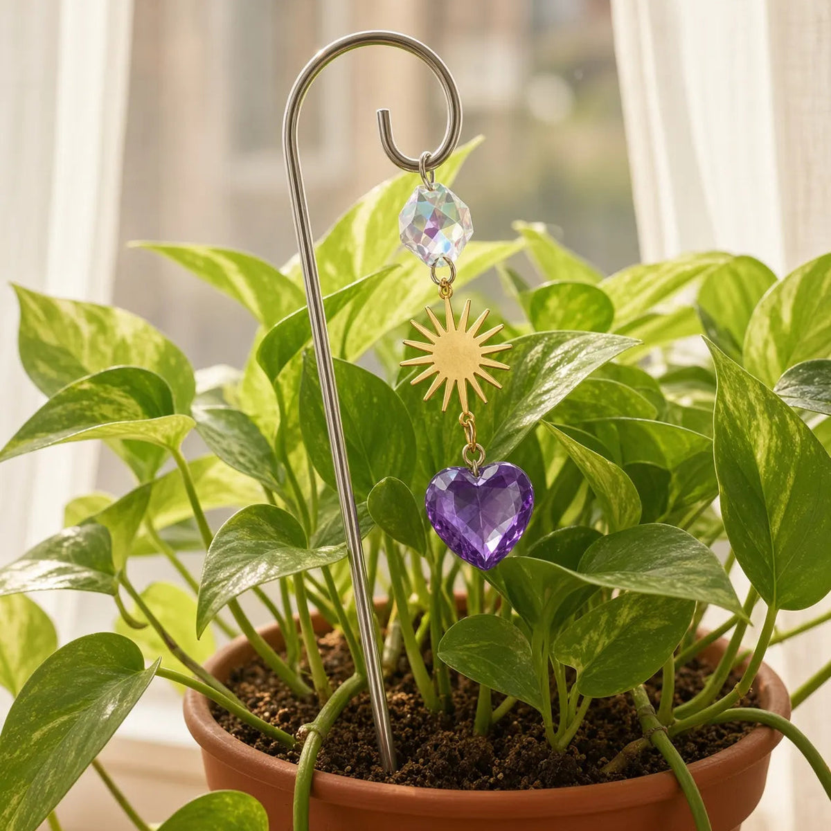 Amethyst heart plant stake in a pothos, silver hook and a small gold sun