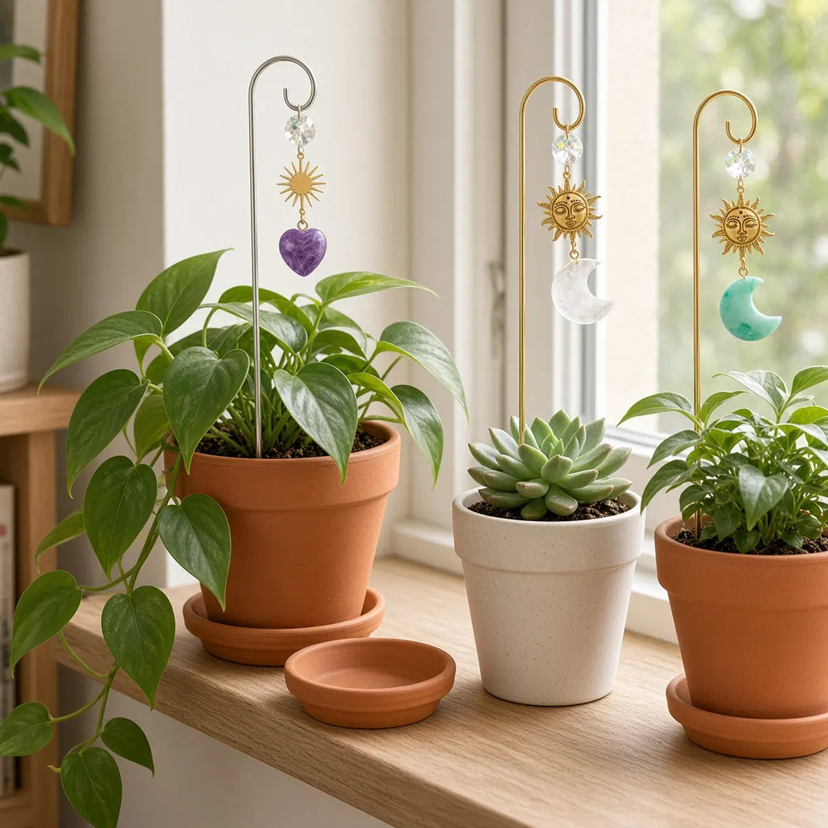 Amethyst heart, clear moon, and aqua moon stakes in pots along a wood windowsill