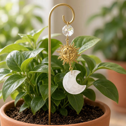Clear quartz moon stake with a gold sun face, set in a terracotta pot