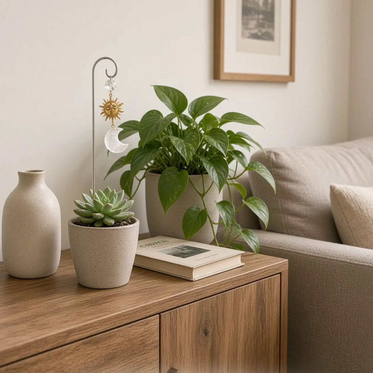 Clear moon stake in a succulent on a wood cabinet, beside a vase and a book