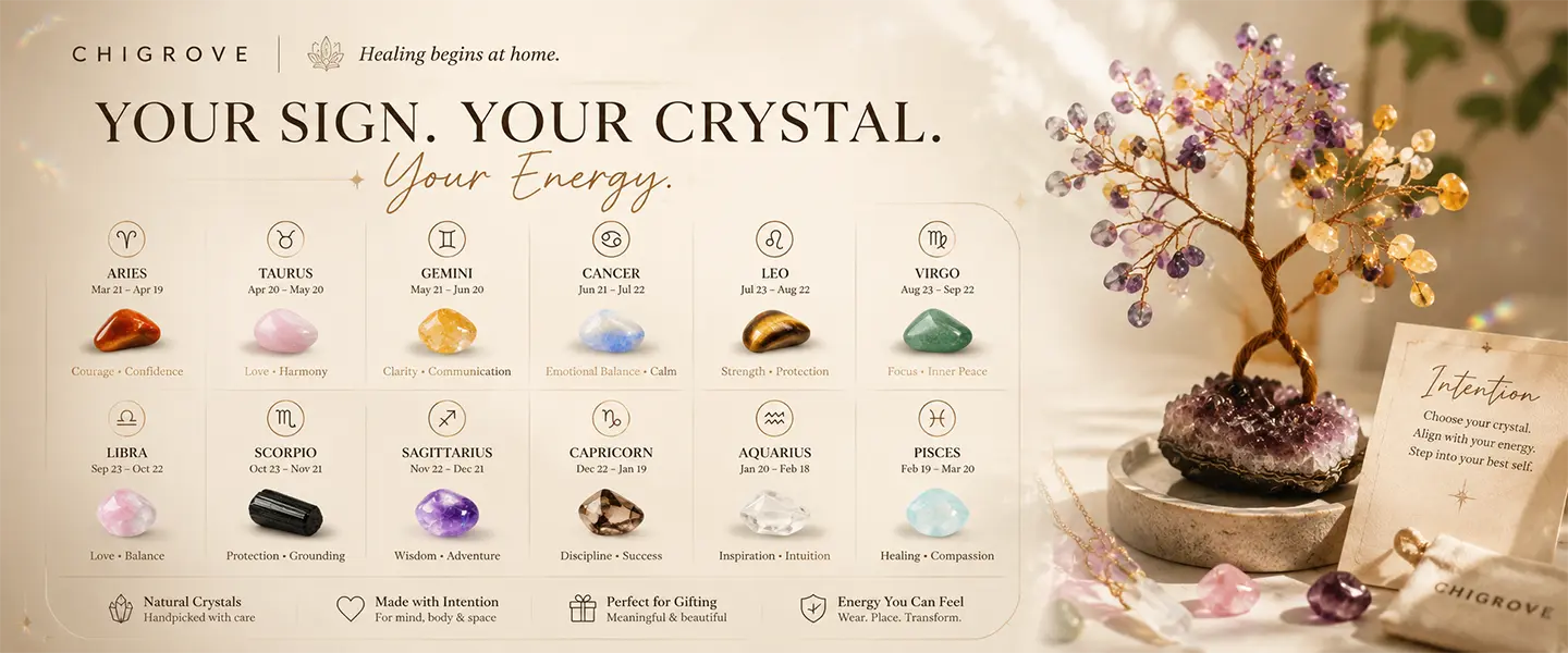 ChiGrove crystal chart pairing all 12 zodiac signs from Aries to Pisces with their healing crystals, beside an amethyst and citrine gemstone tree