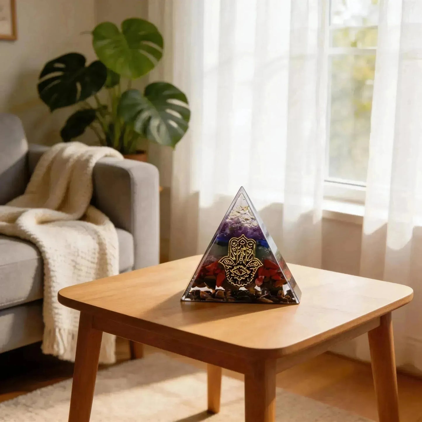 CHIGROVE Natural 7 Chakra Orgone Pyramid with Hamsa Hand | Healing Crystal for Calm & Spiritual Balance - ChiGrove