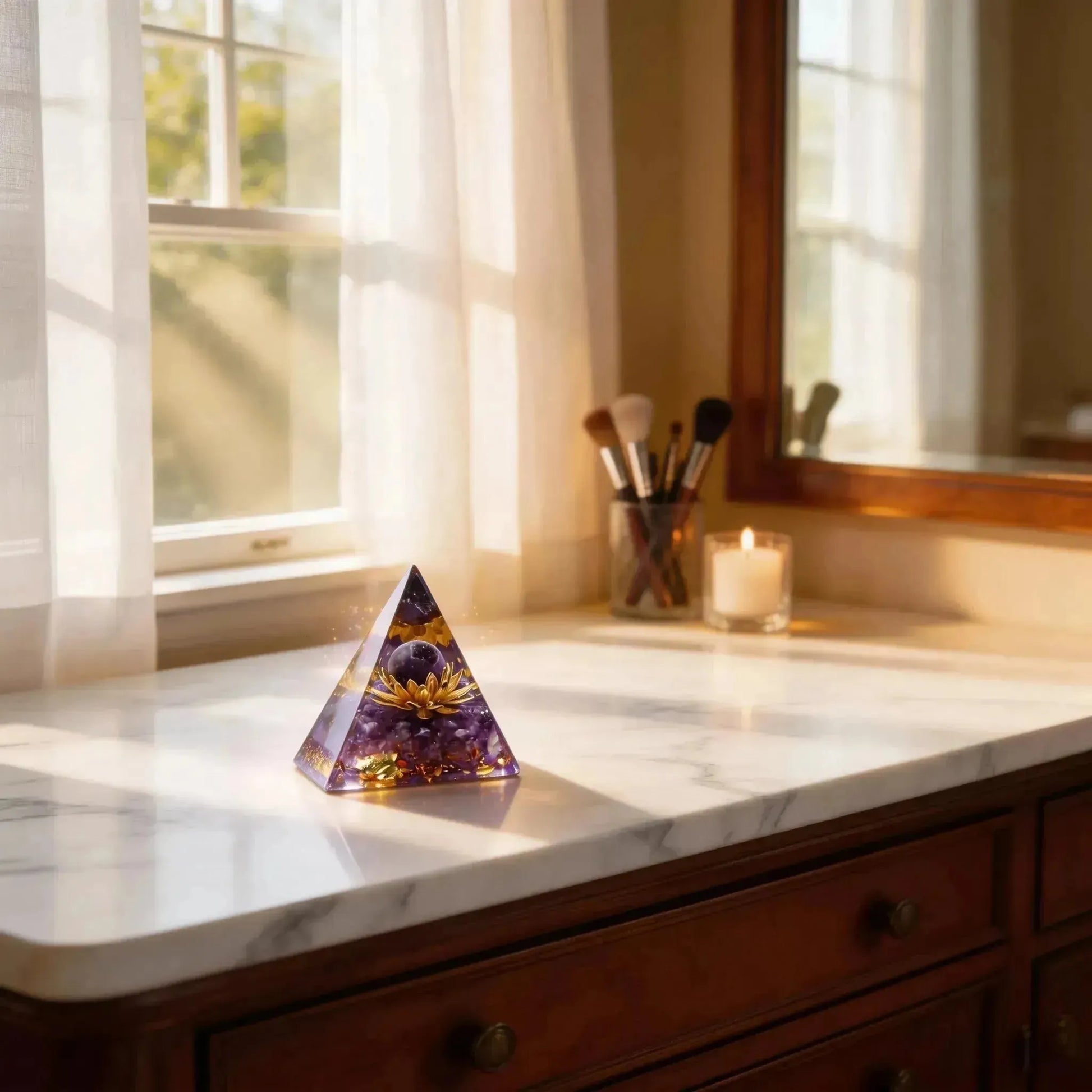 CHIGROVE Natural Amethyst Orgone Pyramid with Gold Lotus | Healing Crystal for Calm & Spiritual Balance - ChiGrove