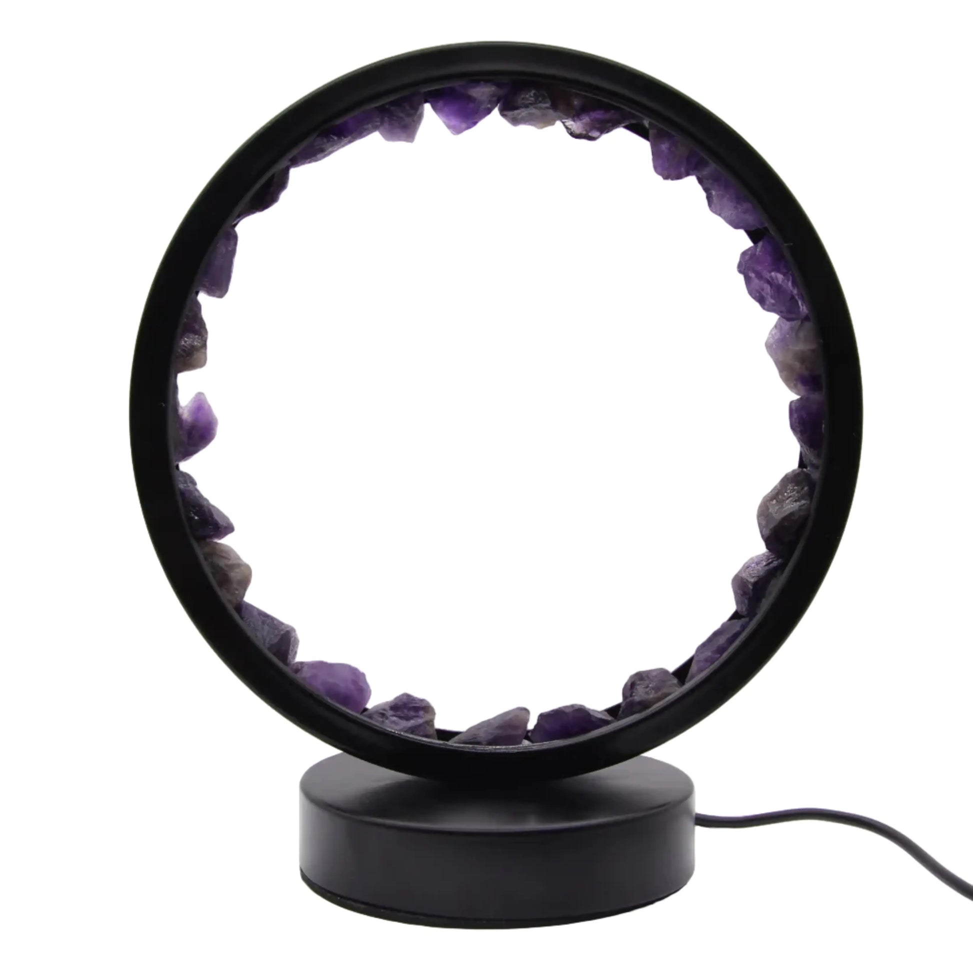 Raw amethyst crystal ring lamp with circular black metal frame and natural purple amethyst clusters, USB powered LED night light on white background