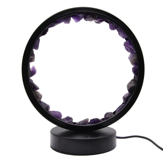 Raw amethyst crystal ring lamp with circular black metal frame and natural purple amethyst clusters, USB powered LED night light on white background