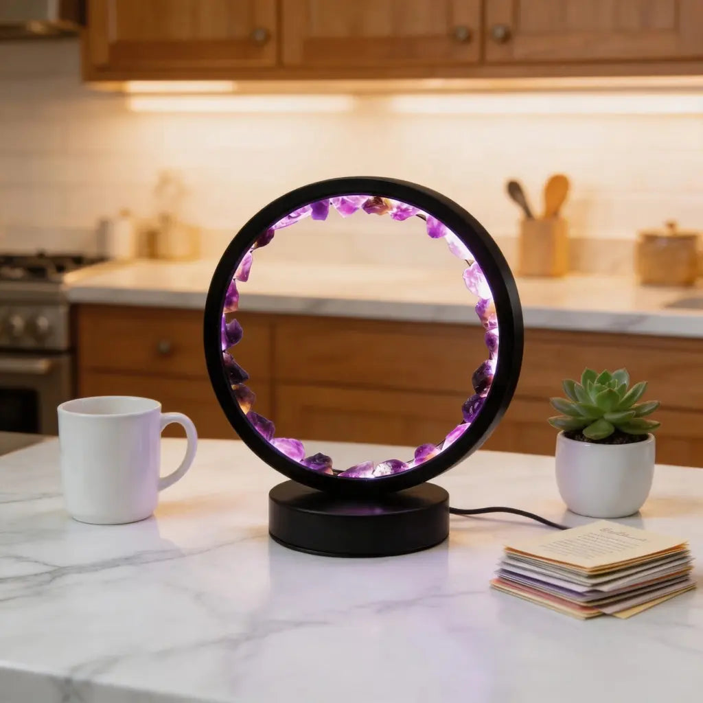 This ring lamp is built around a circular black metal frame lined with raw