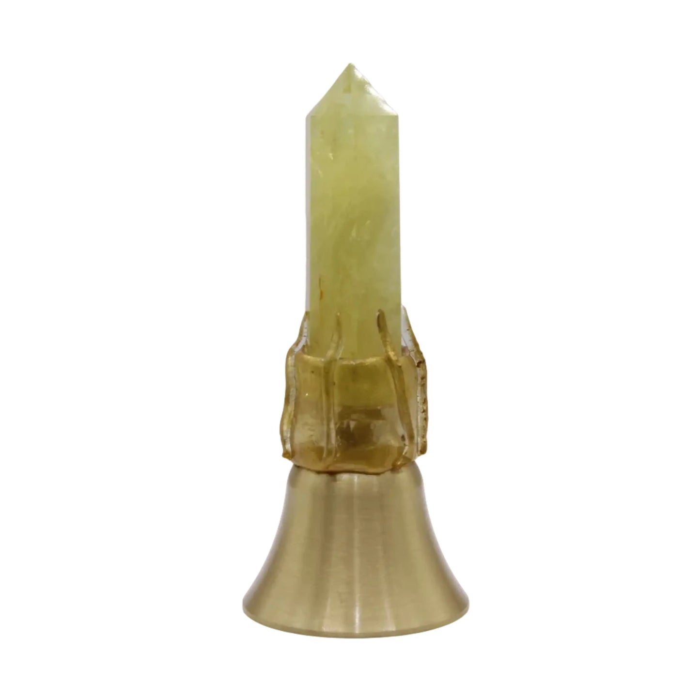 Handcrafted natural citrine crystal tower point on raw mineral base and matte brass bell stand, healing ritual tool and altar decor, white background