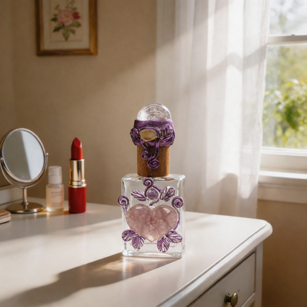 Handcrafted Amethyst & Rose Quartz Perfume Bottle — Crystal Heart Healing Ritual Vessel & Altar Decor with Wire-Wrapped Leaves