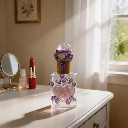 Handcrafted Amethyst & Rose Quartz Perfume Bottle — Crystal Heart Healing Ritual Vessel & Altar Decor with Wire-Wrapped Leaves