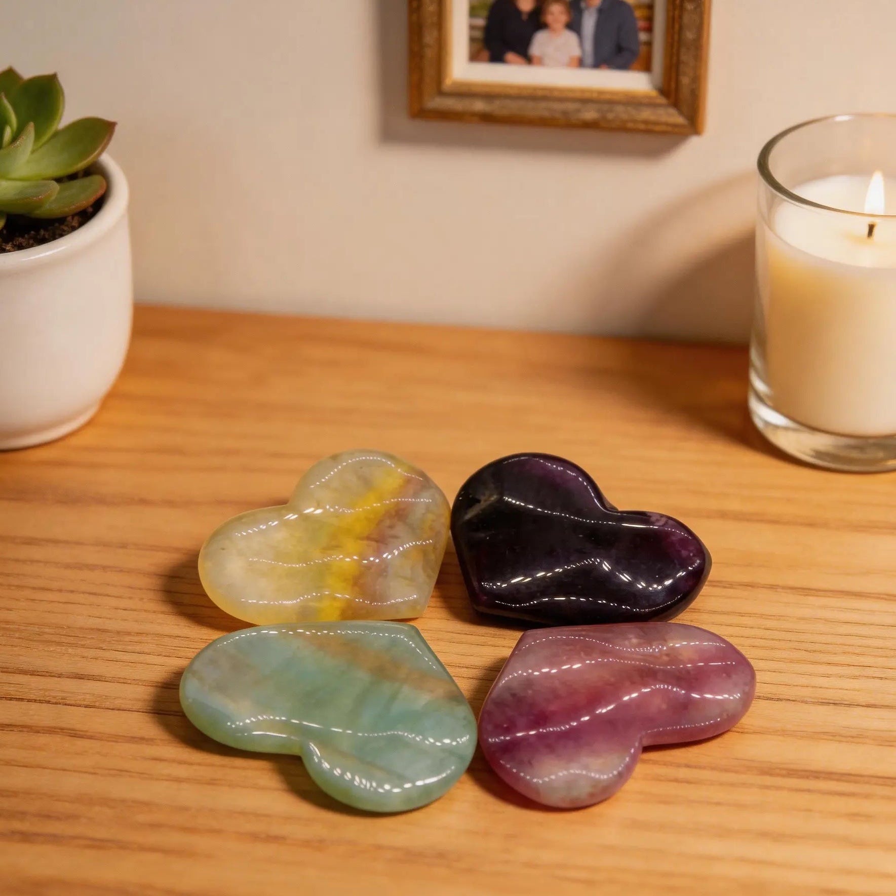 Rainbow Fluorite Crystal Heart Set — 4 Polished Natural Chakra Hearts for Healing & Gifts