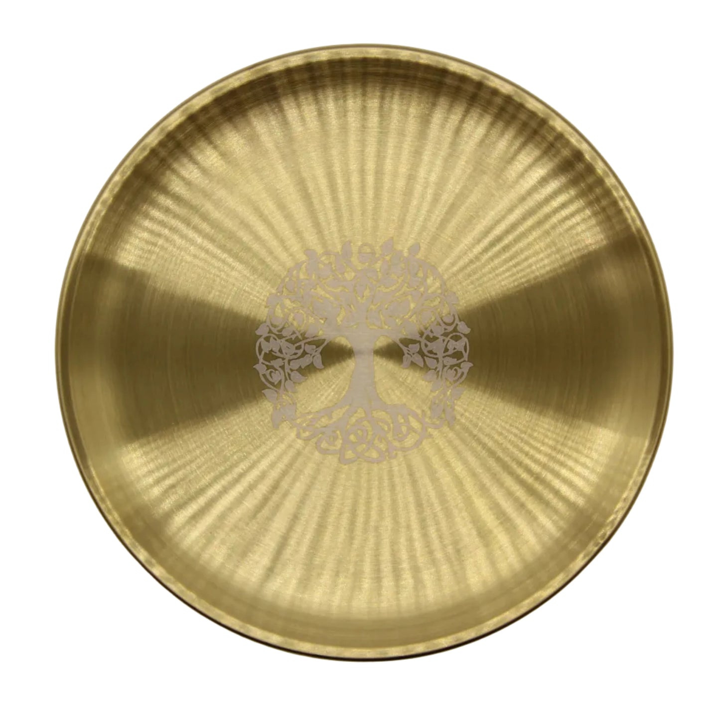 Round brushed stainless steel crystal display tray with Celtic Tree of Life laser engraving at center and radial brushed texture, altar plate on white background