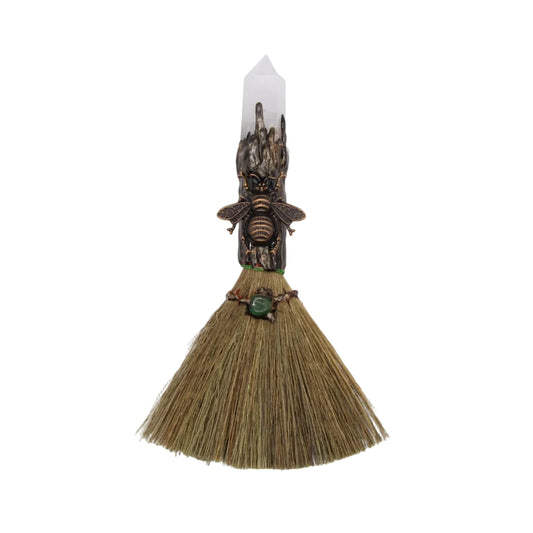 Witch Besom with Clear Quartz Crystal Point & Copper Bee Charm — Handmade Mini Altar Broom for Wicca Ritual, Energy Cleansing & Witchy Decor