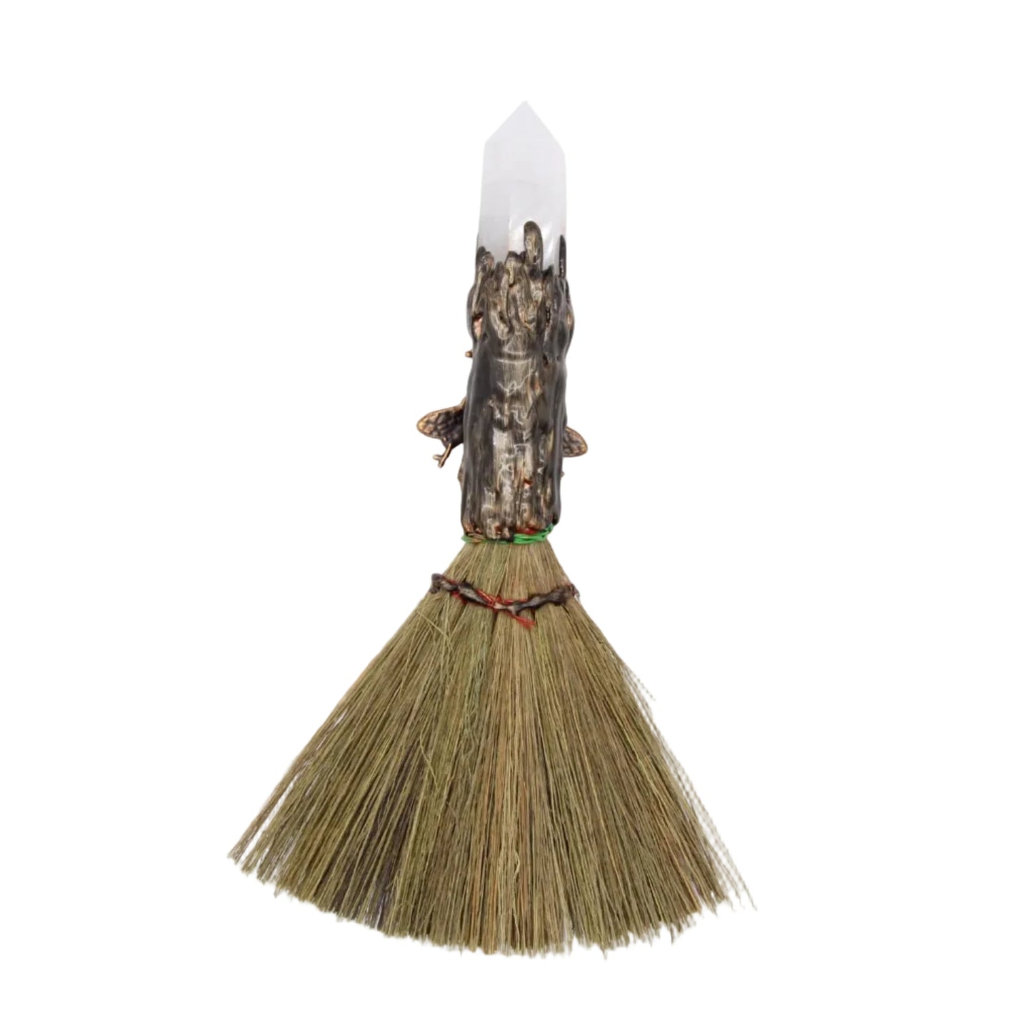 Witch Besom with Clear Quartz Crystal Point & Copper Bee Charm — Handmade Mini Altar Broom for Wicca Ritual, Energy Cleansing & Witchy Decor