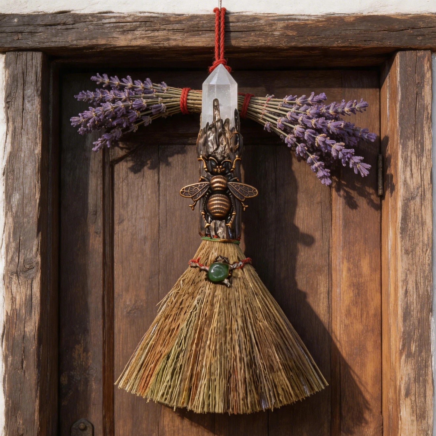 Witch Besom with Clear Quartz Crystal Point & Copper Bee Charm — Handmade Mini Altar Broom for Wicca Ritual, Energy Cleansing & Witchy Decor