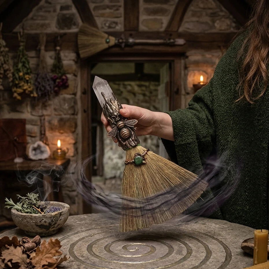 Witch Besom with Clear Quartz Crystal Point & Copper Bee Charm — Handmade Mini Altar Broom for Wicca Ritual, Energy Cleansing & Witchy Decor