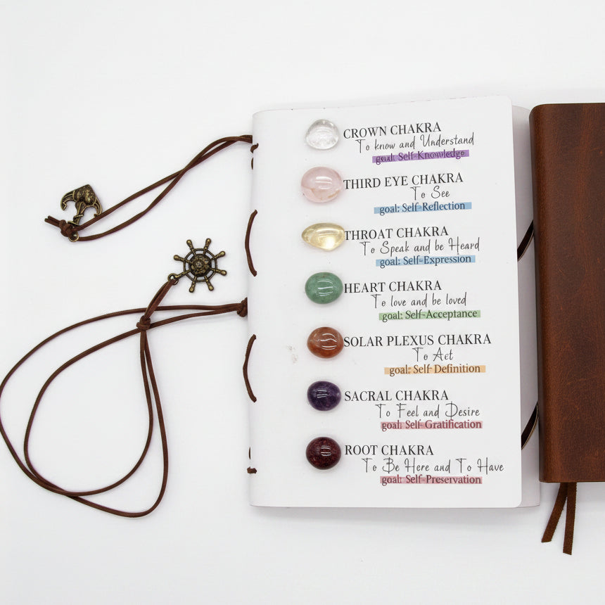 Chakra crystal journal laid flat on a cozy windowsill with a candle, glass of water, and succulent plant in the background