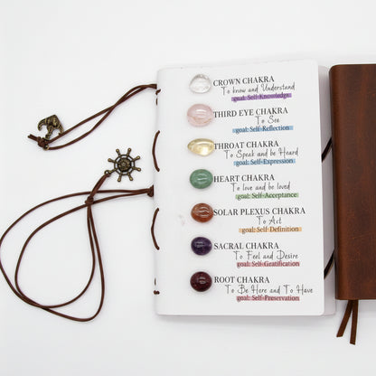Chakra crystal journal laid flat on a cozy windowsill with a candle, glass of water, and succulent plant in the background