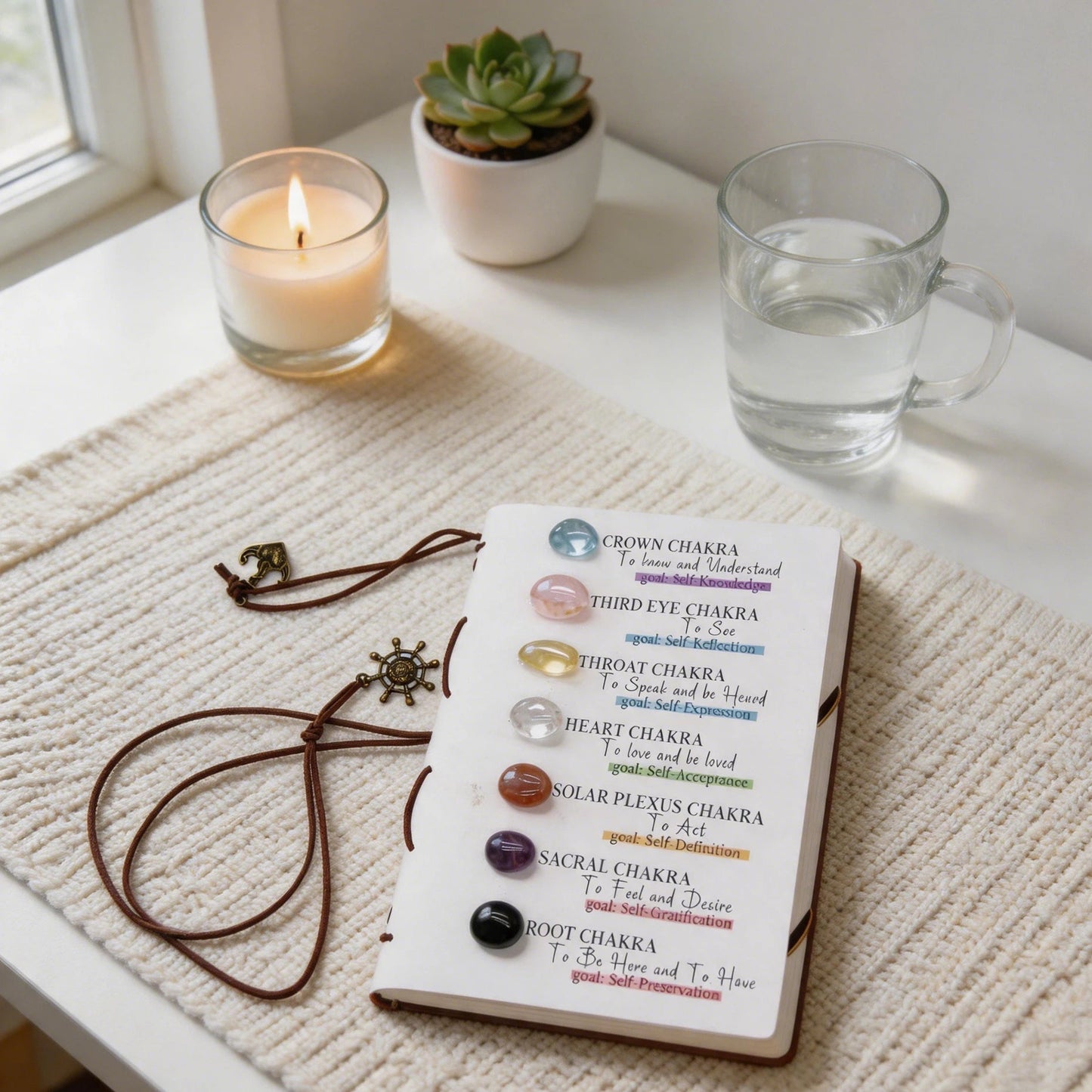 Close-up of the 7 chakra crystal journal cover, highlighting each chakra stone and corresponding affirmation text