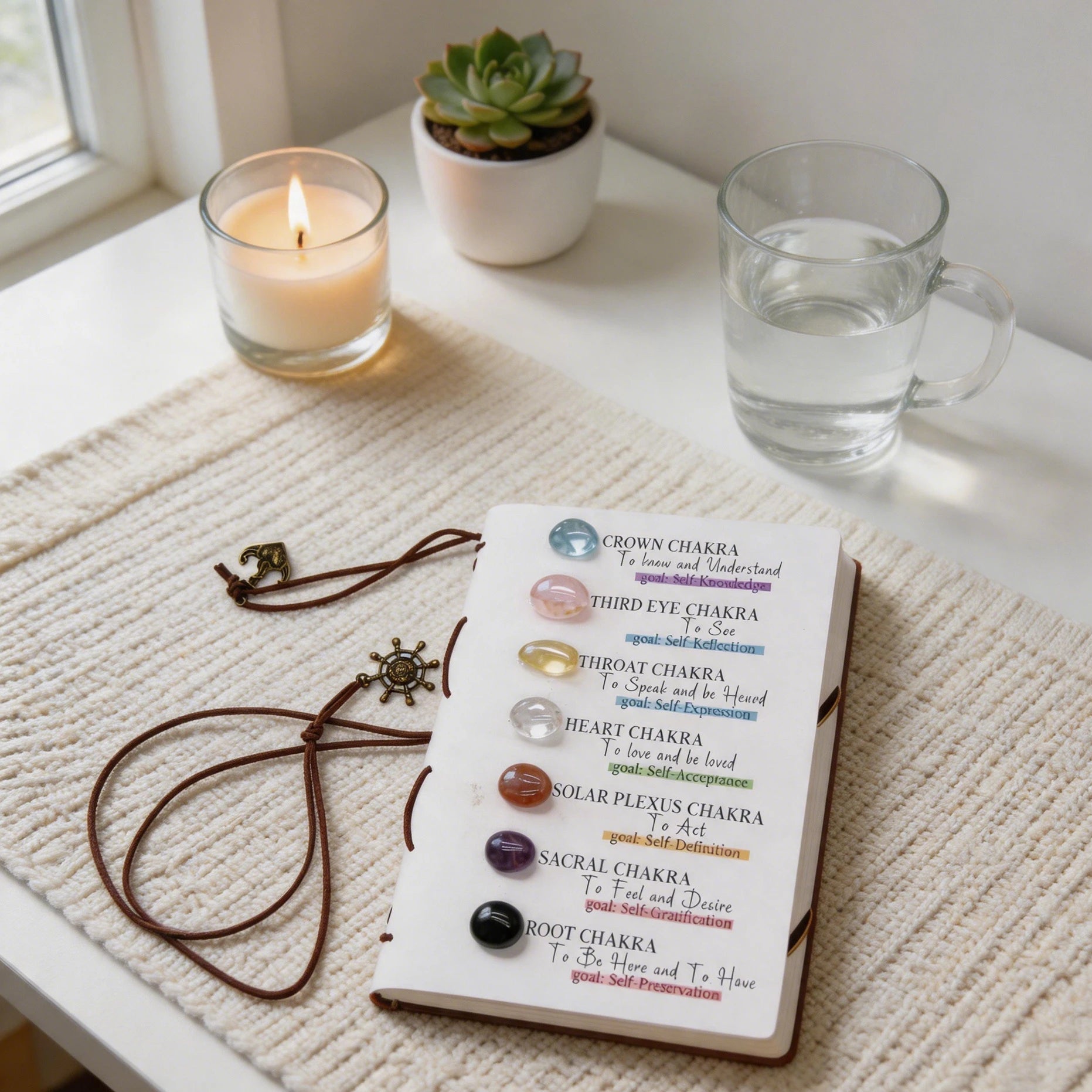 Close-up of the 7 chakra crystal journal cover, highlighting each chakra stone and corresponding affirmation text