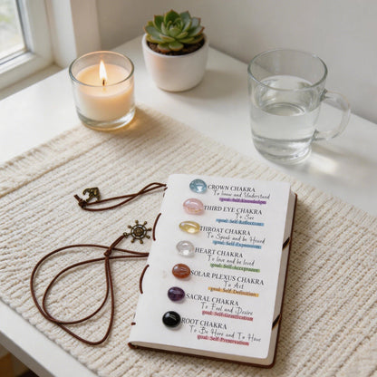 Close-up of the 7 chakra crystal journal cover, highlighting each chakra stone and corresponding affirmation text