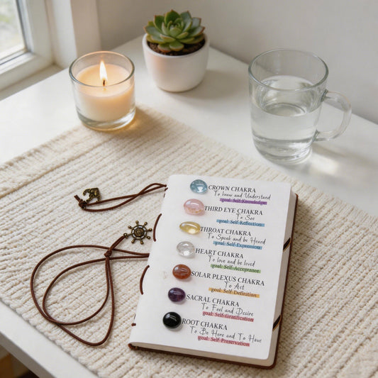 Close-up of the 7 chakra crystal journal cover, highlighting each chakra stone and corresponding affirmation text