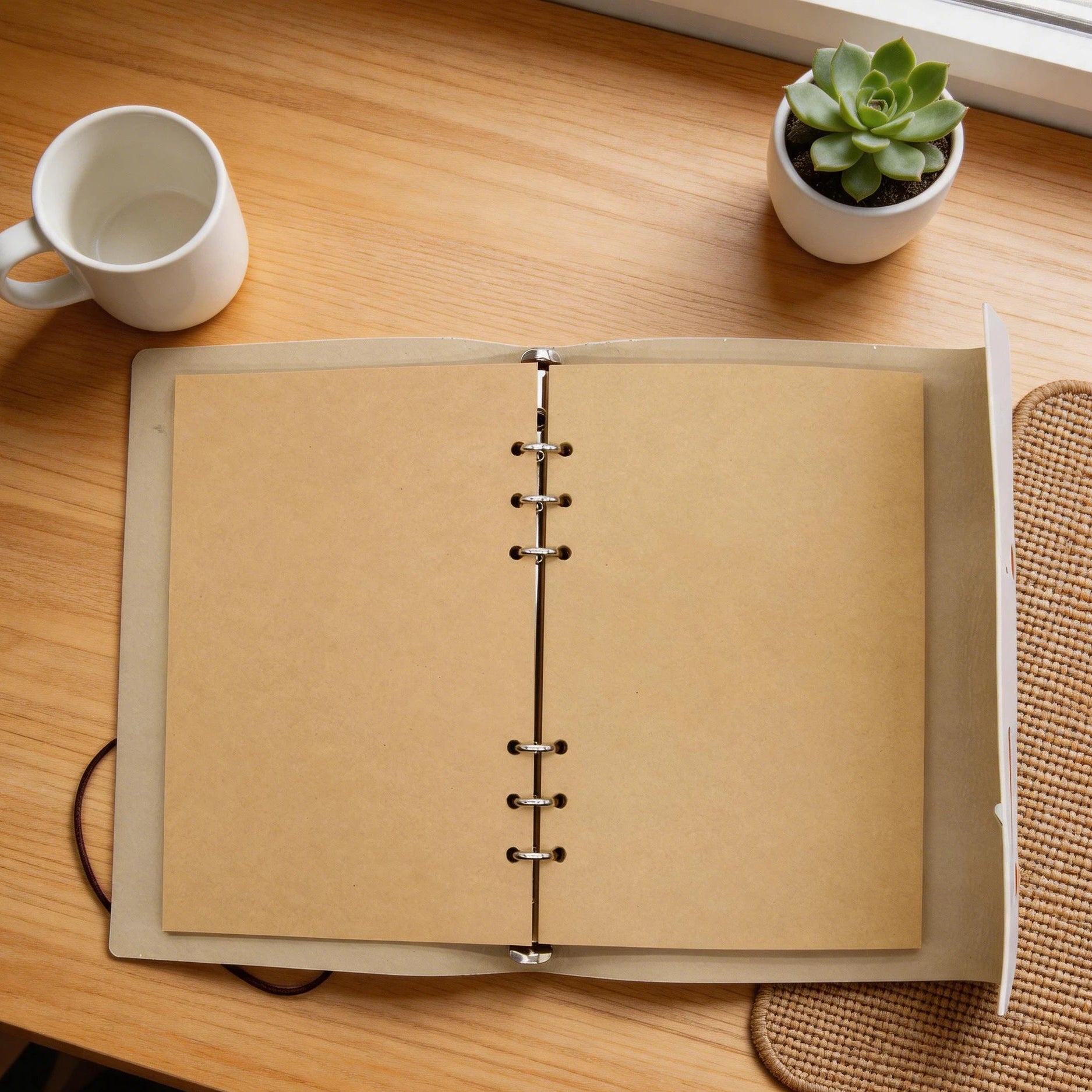 Open 7 chakra journal showing blank kraft pages and spiral binding, resting on a wooden desk with a succulent plant