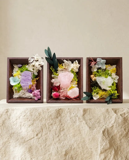 Three wood-framed crystal landscapes in a row—amethyst, rose quartz and clear quartz with moss and dried flowers—on a stone ledge
